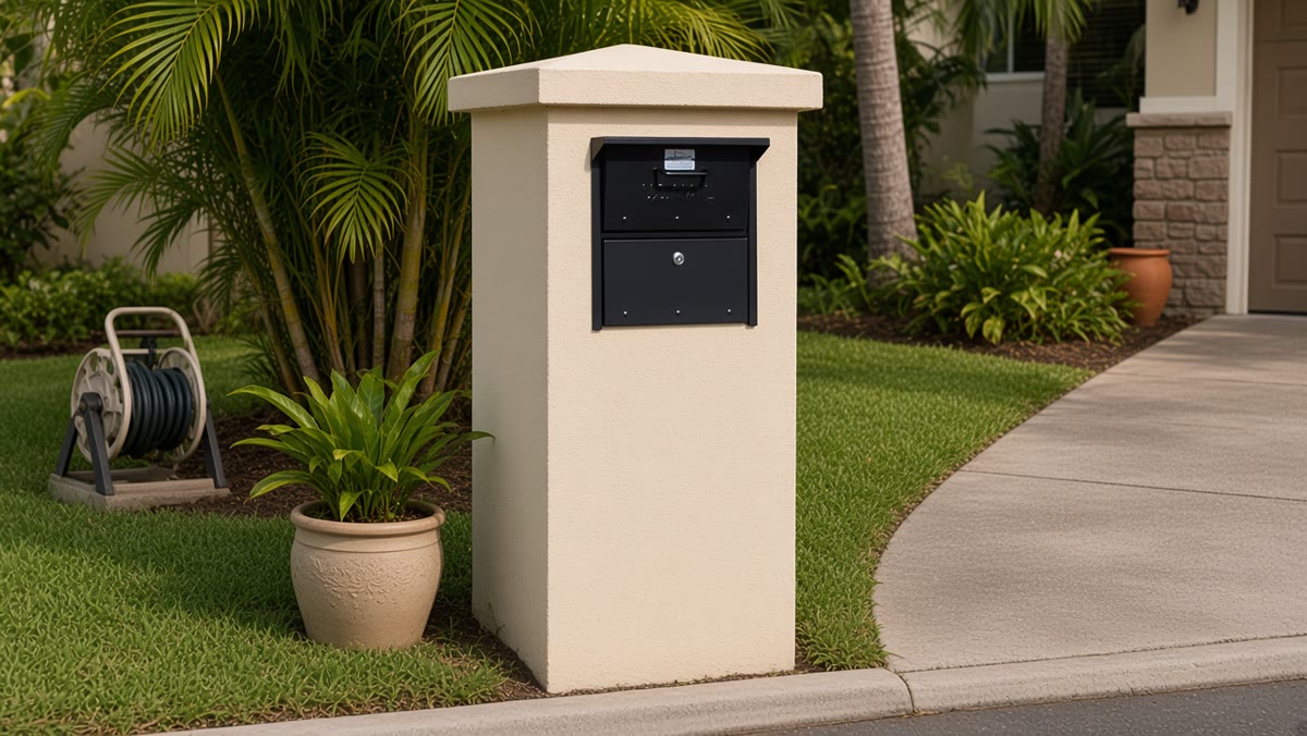 Illustrative sample: light stucco-finished mailbox column with dark metal insert in a tropical driveway setting