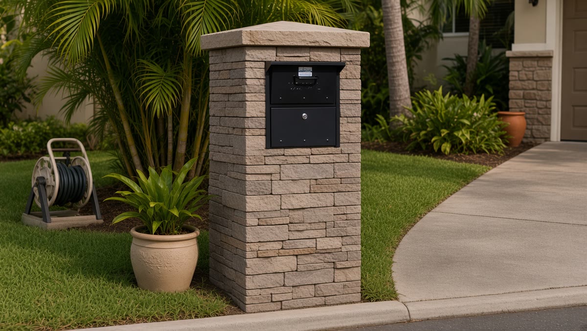 Illustrative sample: manufactured stacked-stone veneer mailbox column with dark metal insert